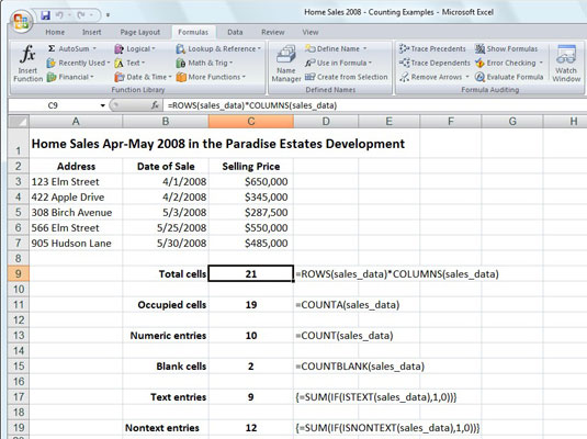 A home sales worksheet that uses various counting functions.