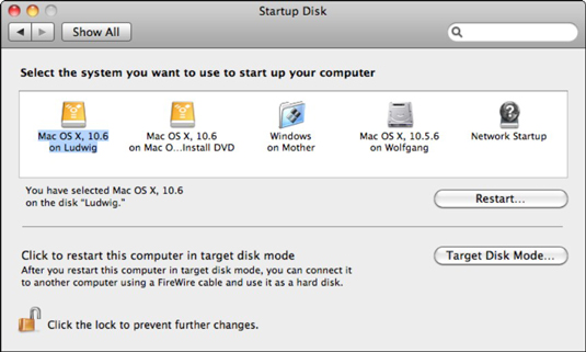 The Mac Startup Disk pane within System Preferences.