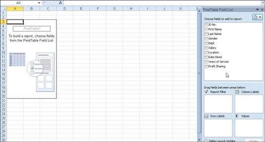 New pivot table displaying the blank table grid and the PivotTable Field List task pane.