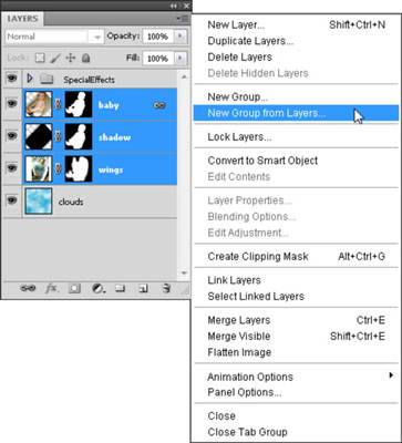 Select the layers that you want to group together and then choose New Group from Layers.