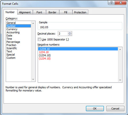 Apply a number format via the Number group on the Home tab or the Format Cells dialog box.