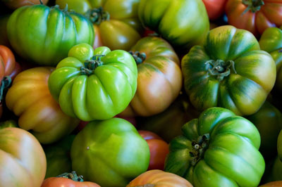 Green heirloom tomatoes look fresh enough to taste. [Credit: Focal length: 55mm, Shutter speed: 1/1