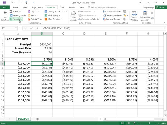 Loan Payments table using the PMT function to calculate various loan payments.