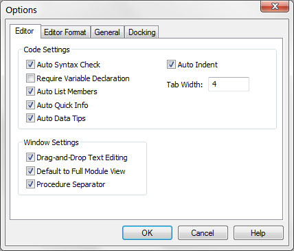 The Editor tab in the Options dialog box.