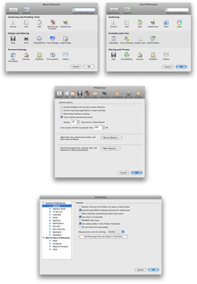 (Clockwise from upper left) The Word, Excel, Entourage, and PowerPoint Preferences dialogs.