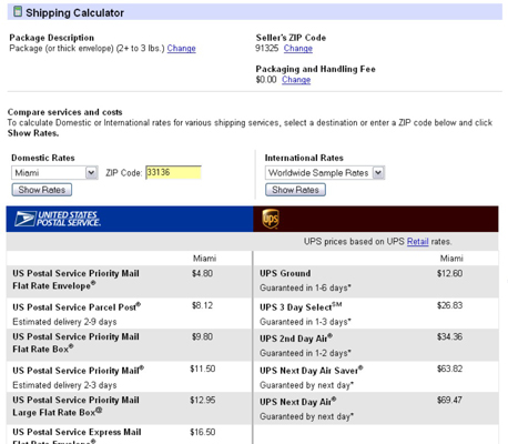 The results of checking out the shipping costs.