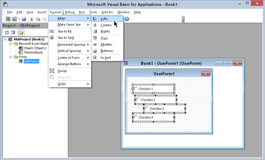 Choose the Format  -->  Align command to change the alignment of UserFor