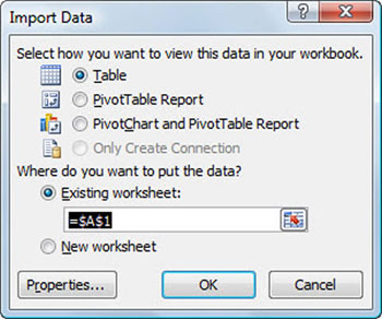 Specify how and where to import the Access data in the Import Data dialog box.