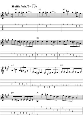 An A blues solo over an up-tempo shuffle.