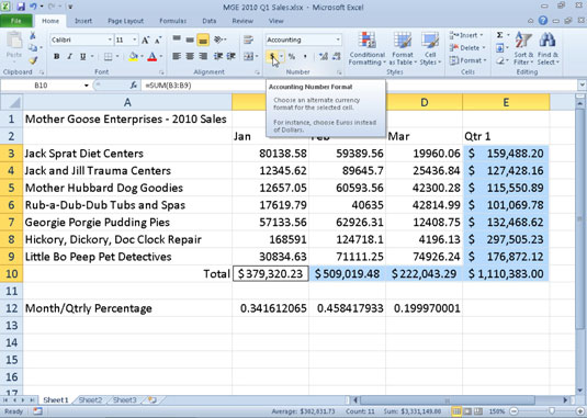 Use the Accounting Number Format button on the Home tab to quickly apply the Accounting format to w