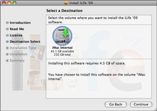 Select a destination drive for the iLife applications.