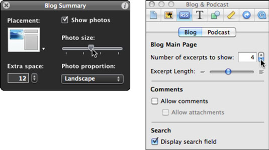 Change blog layout settings (left) and RSS settings (right).