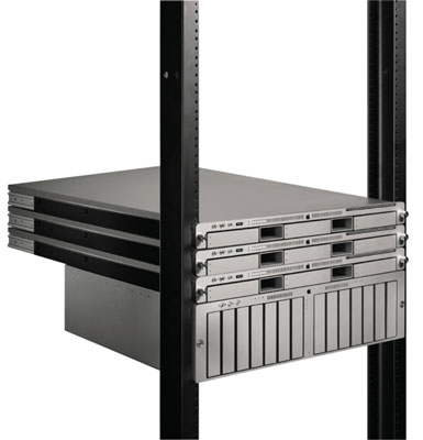 Three Xserves mounted in a rack with a storage array. [Credit: Photo courtesy of Apple.]