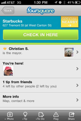 Foursquare features include check-in, mayorships, specials, who’s there or nearby, and social