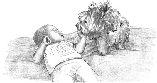 Spread butter on the baby’s hand to teach your puppy to give kisses. [Credit: Illustration by