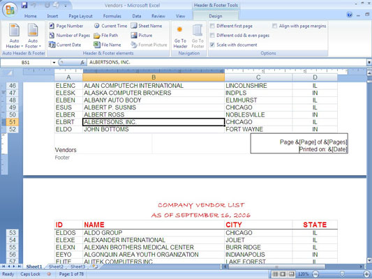 With Excel 2007, you can create a custom header or footer in the worksheet.