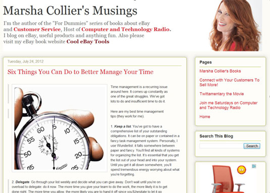 An author's blog as viewed on a computer monitor.