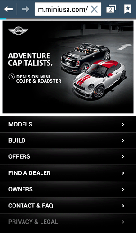 The Mobile website of Mini Cooper.