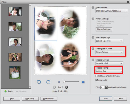 Printing a Picture Package with an Antique Oval frame.