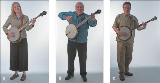 Erin (a), Jody (b), and Bill (c) use straps for standing while playing and hold their banjos slight