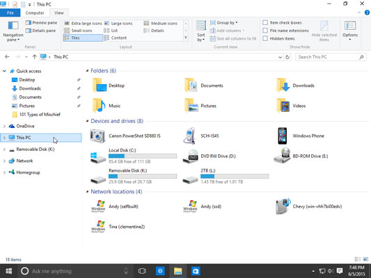 Click This PC to see your computer's storage areas, which you can open to find your files.