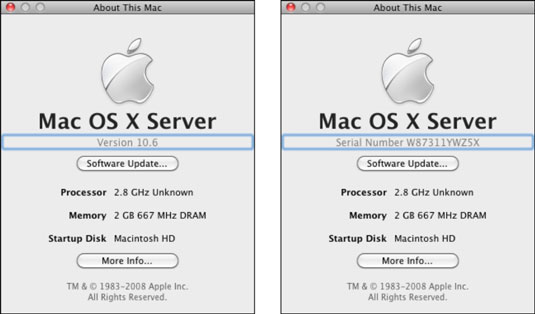 Click the Mac OS X version number (left) twice to reveal the hardware serial number (right).