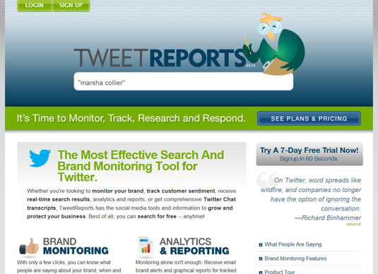 The TweetReports home page with a search typed and ready to go.