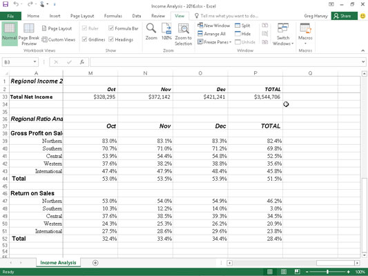 The Income Analysis worksheet after scrolling the columns left to display the last group of columns