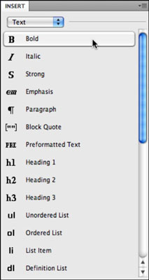 You can use the Text category of the Insert panel to apply basic text formatting.
