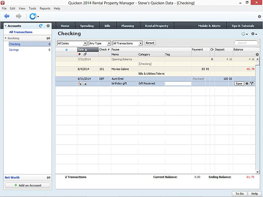 A Checking register as you record your first deposit.