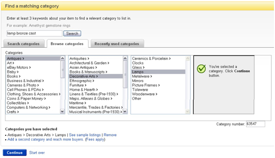 You can narrow down the subcategory listings on the Sell an Item page using the Browse categories t