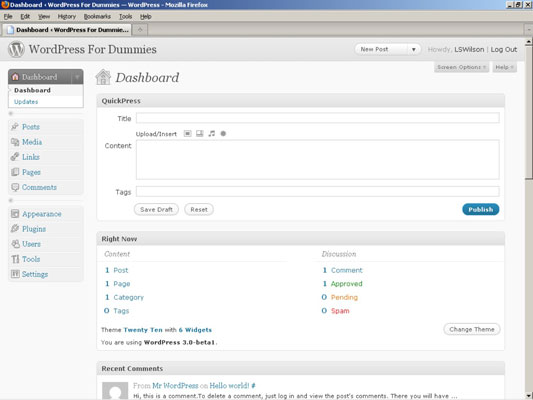 A customized Dashboard with the QuickPress module on the top left and the Right Now module on the t