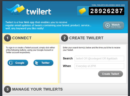Type your search words and let Twilert know what time you’d like the report.