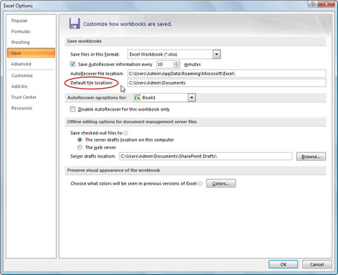 Change the default Save folder in the Excel Options dialog box.