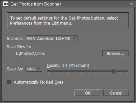 Make choices in the Get Photos from Scanner dialog box and click OK.