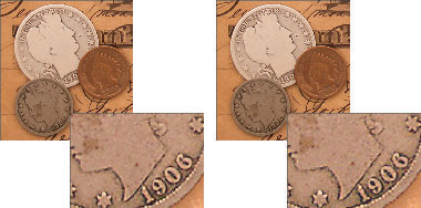 This figure shows an uncompressed picture in the TIFF format and a lightly compressed JPEG version.
