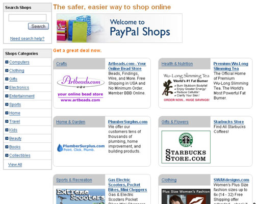 The PayPal Shops hub page.