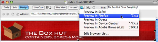 The Preview/Debug in Browser button lets you select from browsers installed on your system.