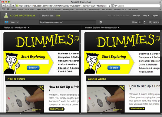 The Dummies.com site shown in BrowserLab as it will appear in Firefox for Windows XP (left) and Int