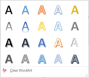 The WordArt Quick Styles gallery.