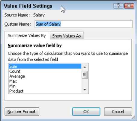 Select a new summary function in the Value Field Settings dialog box.