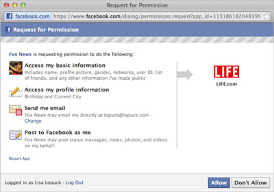 The first step of connecting to a website with Facebook is agreeing to release certain information