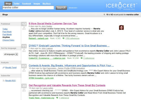 Results of a blog search on IceRocket.
