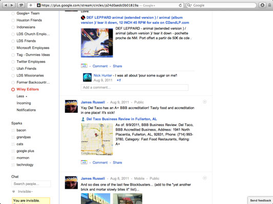 Clicking the Wiley Editors circle limits the stream to only those people in that circle.