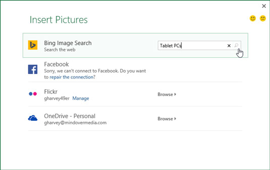 Searching Office.com for clip art images of Tablet PCs in the Insert Pictures dialog box.
