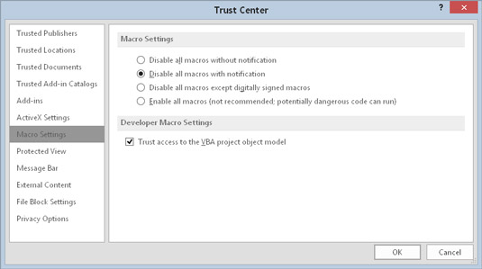 The Macro Settings section of the Trust Center dialog box.