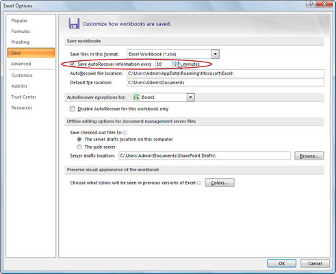 Change AutoRecover settings in the Excel Options dialog box.