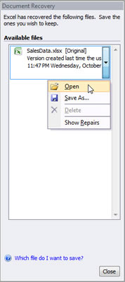 Excel 2007 asks you to choose which version of the workbook to open.