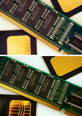 Computer chips, before and after shooting with the cloud dome.