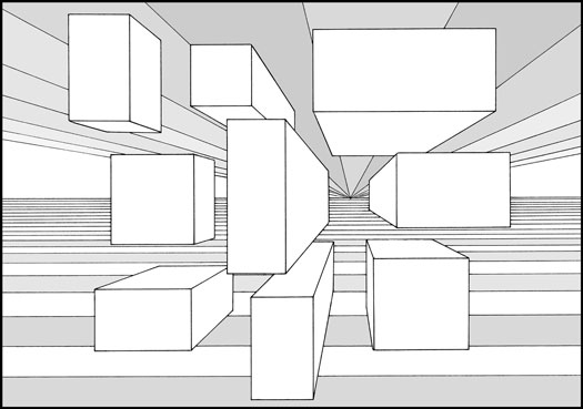 An eye-level perspective — all angular lines converge at the same vanishing point.